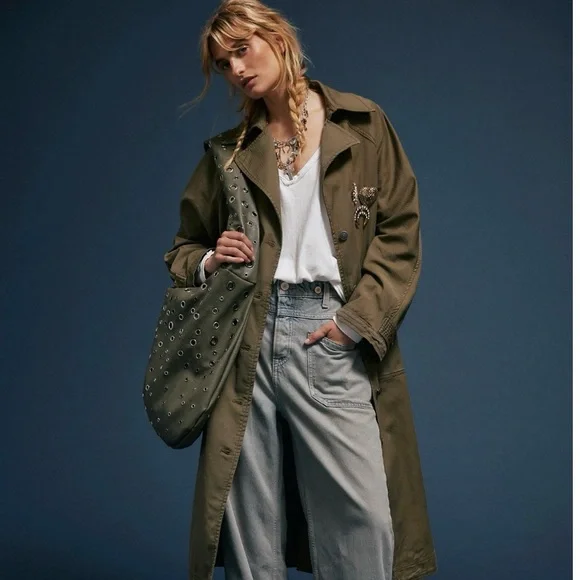 Free People Green Trench Coat Classic Style - Picture 1 of 8